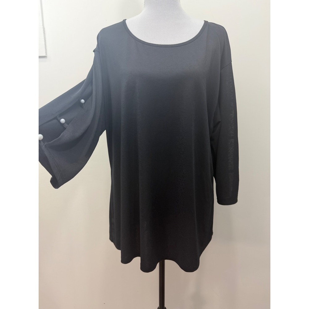 Ashley Blue Women Black Pearl Button Split Sleeve Tunic Top 2X 32781X